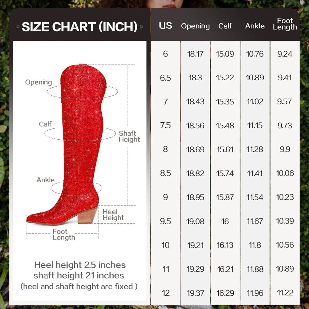 Women Red Faux Leather Sparkly Bling Rhinestone Over the Knee Cowboy Pull-OnBoot